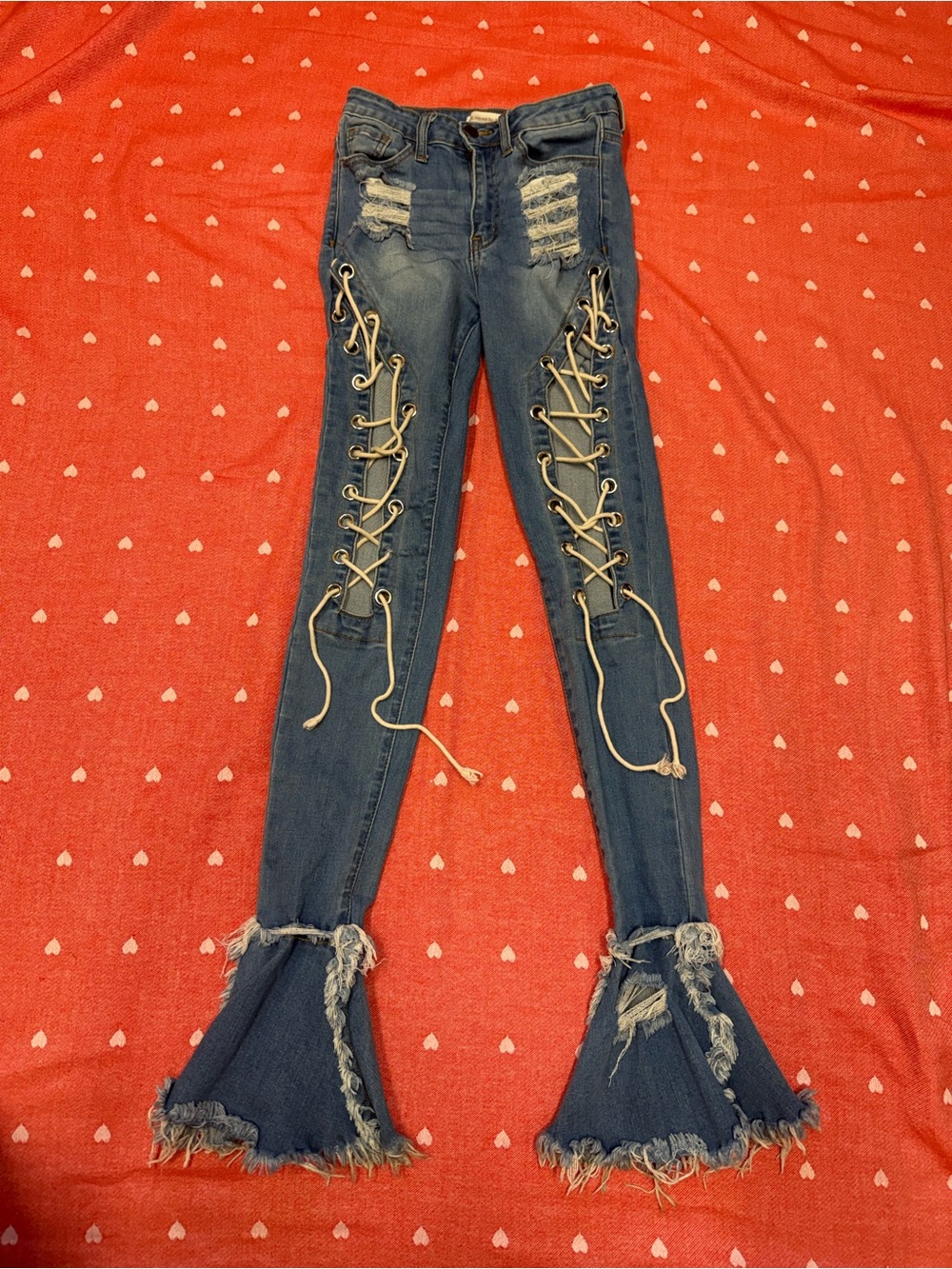 Loverly Fit Distressed Lace-Up Flare Jeans